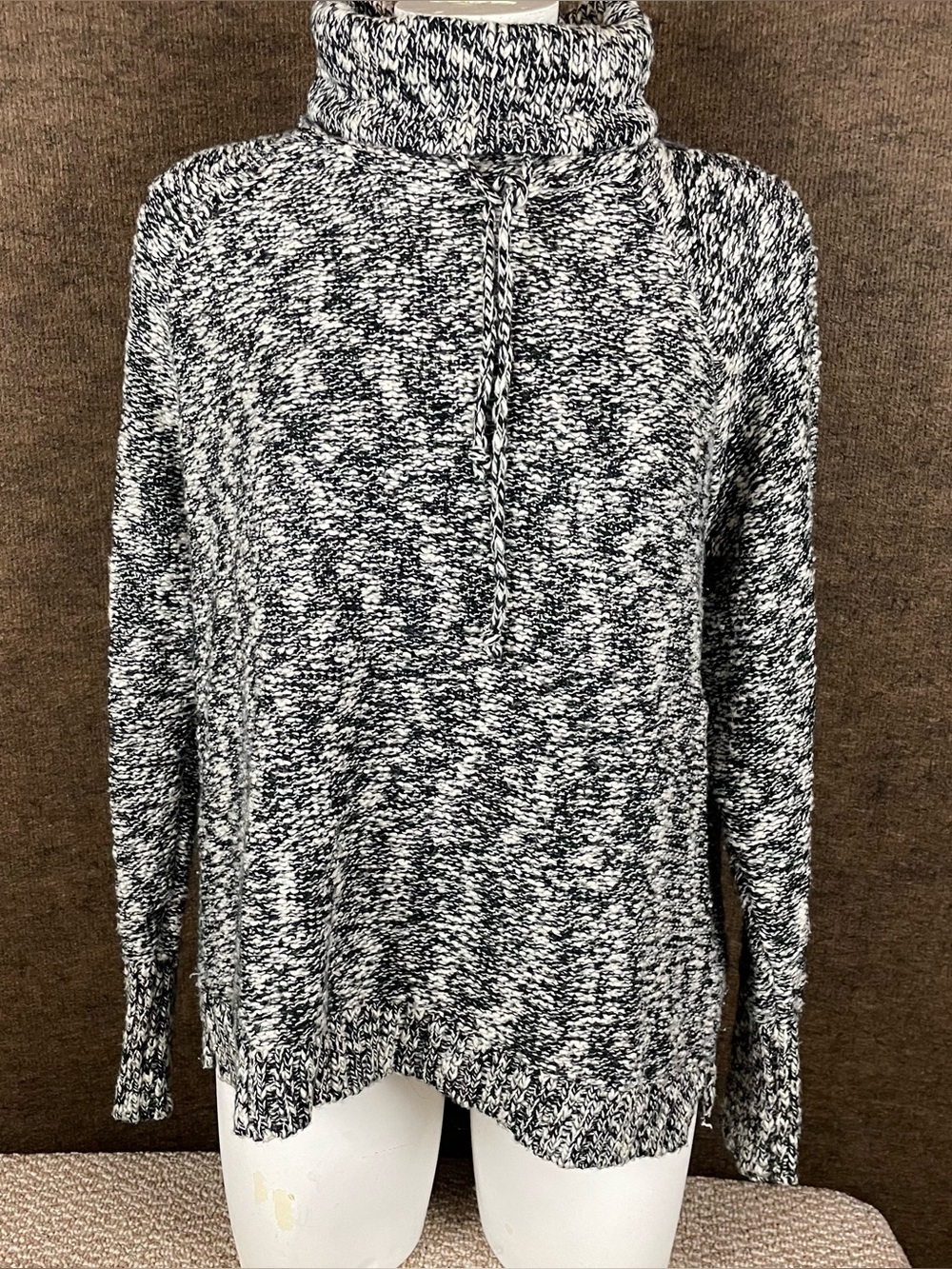 Chaps Sweater Womens Large Black White Drawstring Cowl Neck Slit Sides F329